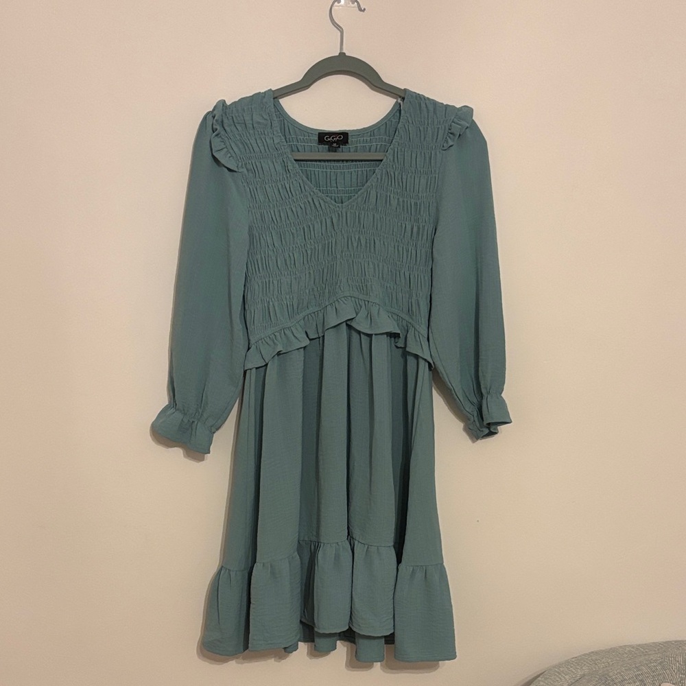 GGO Dusty Teal Smocked V-Neck Long Sleeve Ruffle Dress